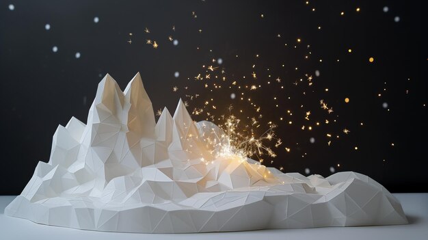 Paper art mountains with sparkling lights creating an illusion of a magical landscape