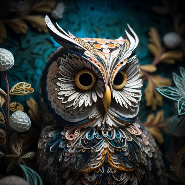 Paper art of an owl with flowers