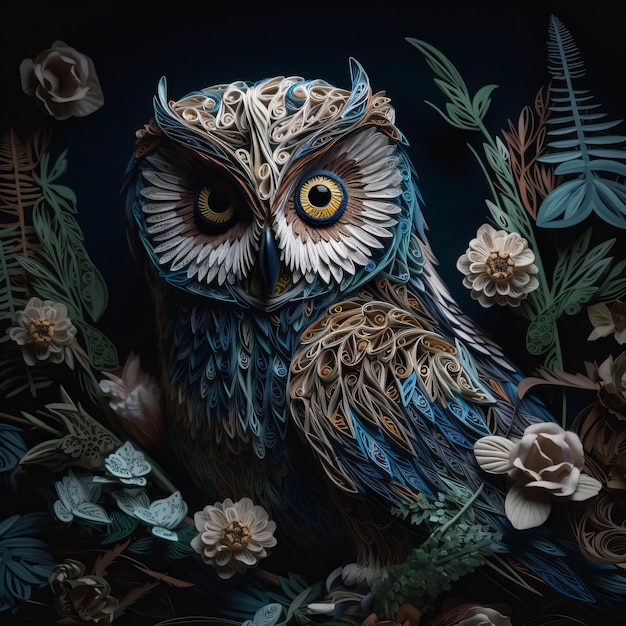 Paper art of an owl with flowers