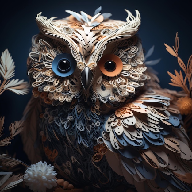 Paper art of an owl with flowers