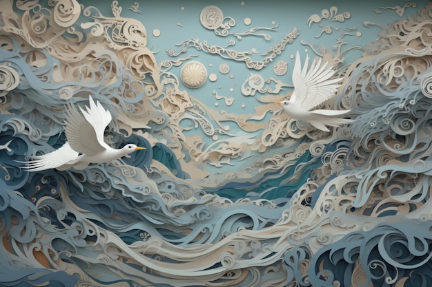 A paper art piece that has two birds flying in the sky.