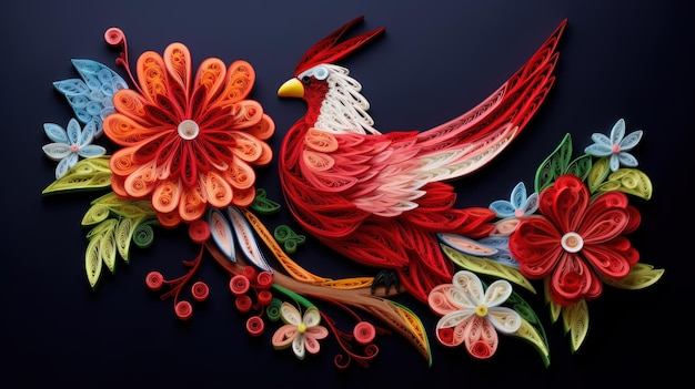 A paper art piece with a red bird and a flower.