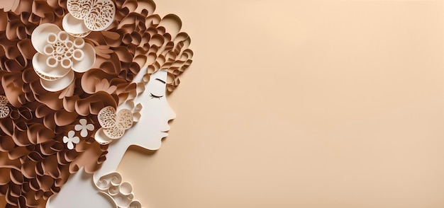 Paper art pretty women face on pastel beige background free space super sharp AI generated