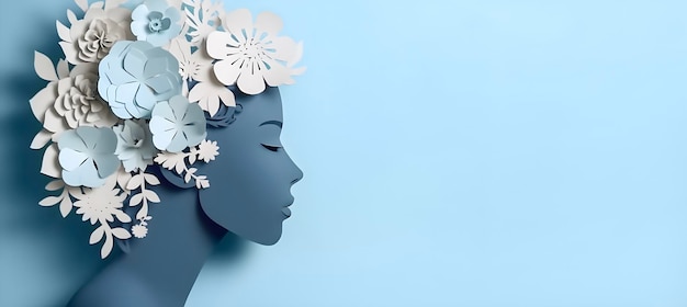 Paper art pretty women face on pastel blue background free space super sharp ai generated