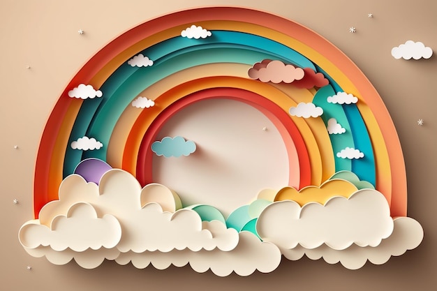 Paper art of a rainbow with a cloud and sun