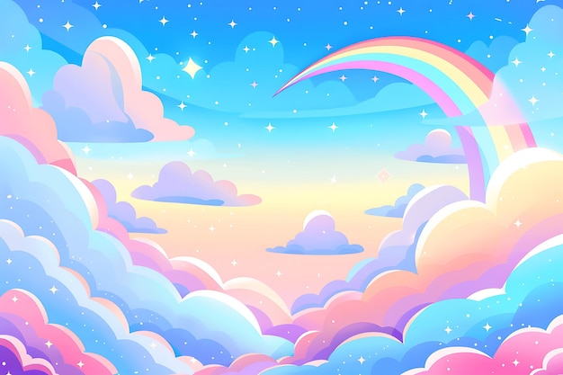 Paper art rainbow with clouds and stars isolated on a pink background