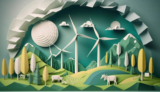 바람과 같은 녹색 에너지를 가진 종이 예술 재생 에너지 Generative AI