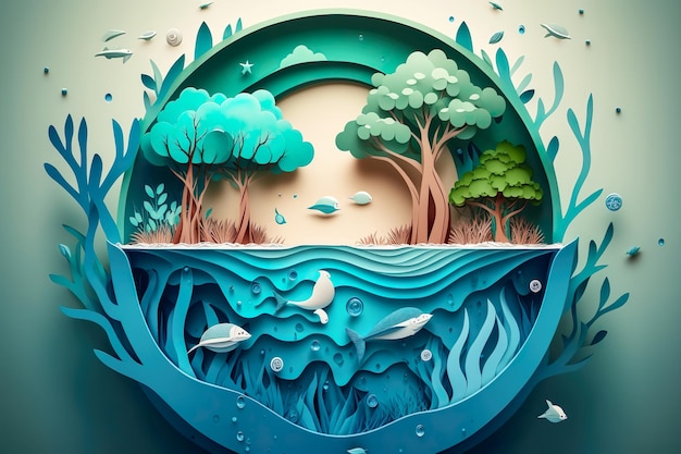 Paper art Saving water and world Environment day Ecology and world water day environmental protection and save earth water Generate Ai