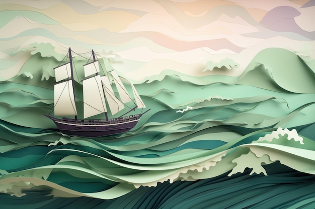 Paper art of a ship in the ocean