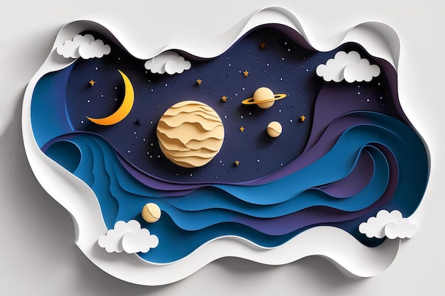 Foto paper art style 3d moderne soffici nuvole e stelle nella luna di mezzanotte illustrazione del taglio della carta genera ai