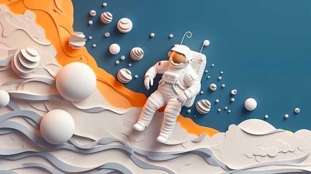 Paper art style Astronaut floating in the space Beautiful planet in the stratosphere Paper cut Generative Ai Technology