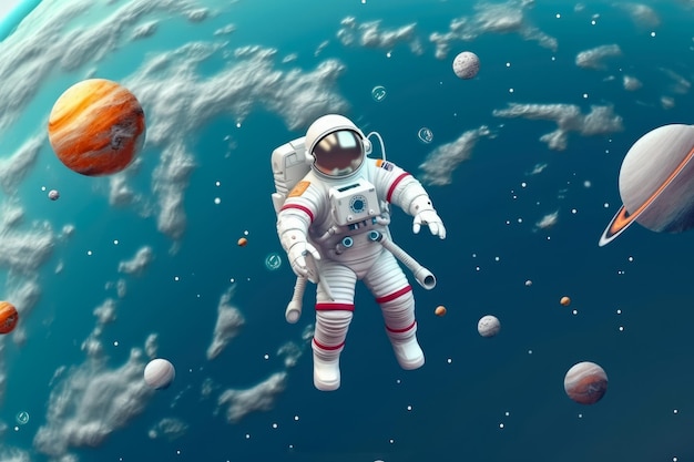 Стиль бумажного искусства Астронавт, плавающий в космосе Красивая планета в стратосфере Вырезка из бумаги