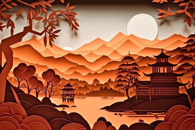 Paper art style Chinese landscape AI generated