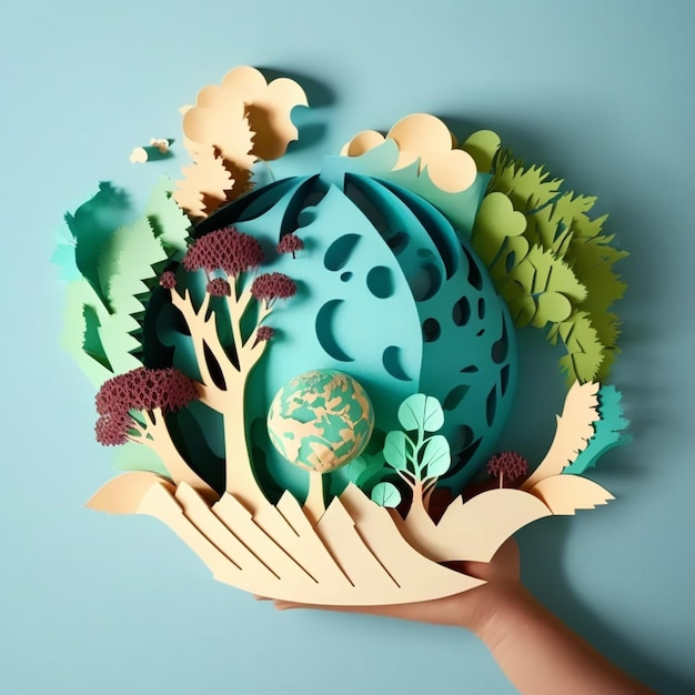 Paper art style Hands holding world of paper cutGenerative AI