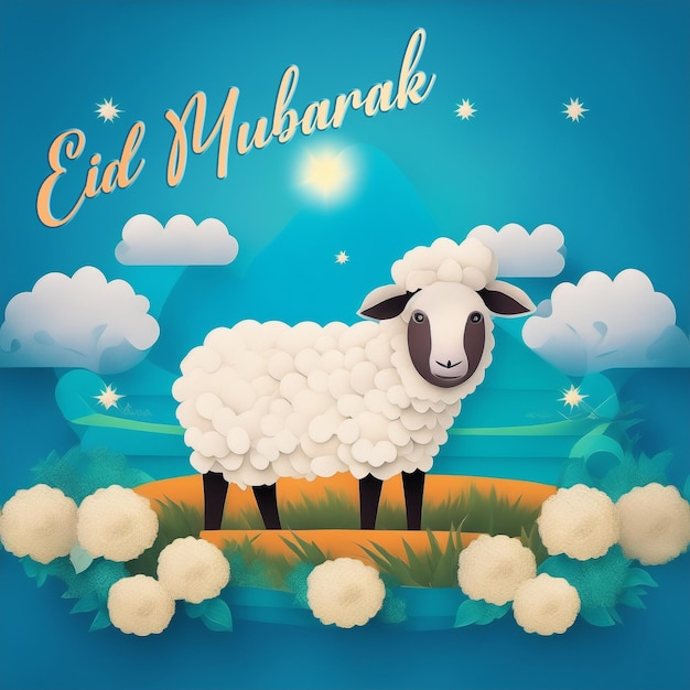 Paper art style happy eid with cute sheep