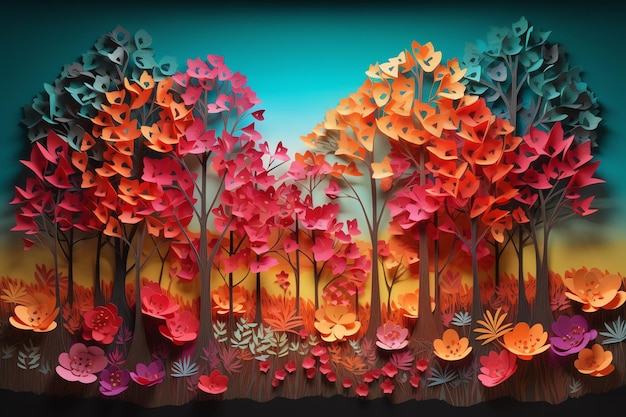 A paper art style illustration of a technicolor forest