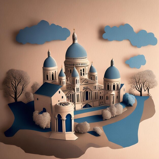 paper art style illustration white blue pastel color theme