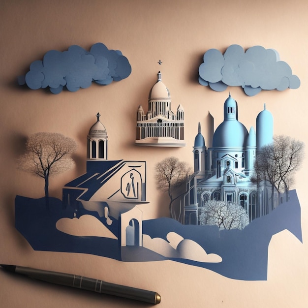 paper art style illustration white blue pastel color theme