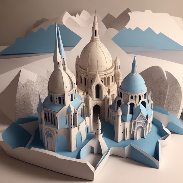 paper art style illustration white blue pastel color theme