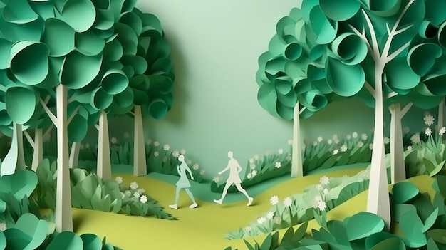 Photo paper art style of landscape in the park with couple running sport and activity concept