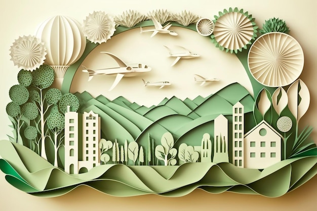 에코 시티 디자인의 종이 아트 스타일 종이 절단 녹색 에너지 개념 및 환경 보존 Ai 생성