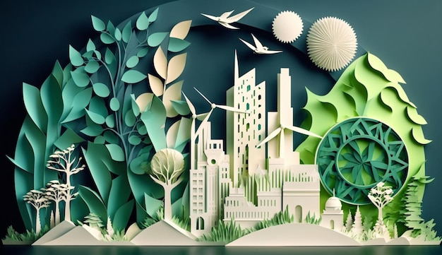 Paper art style Paper cut of eco city design Green energyGenerative AI