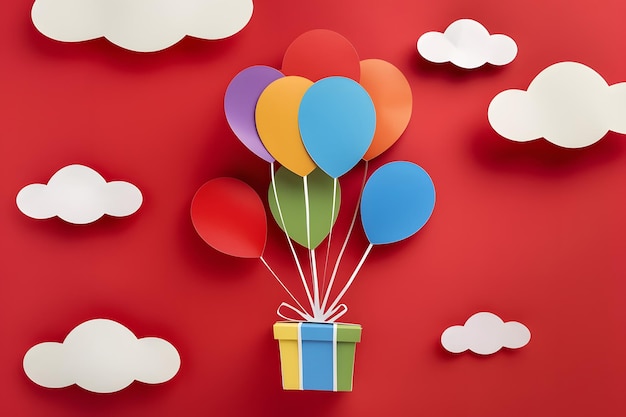 Foto scatola regalo di illustrazione 3d in colore pastello in stile cartaceo e palloncini sulle nuvole per il compleanno