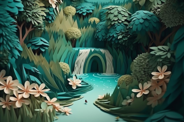 Paper art style of a picturesque waterfall in forest