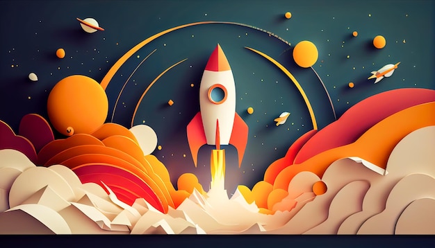 Paper art style of rocket flying in space Generative AI Generative AI