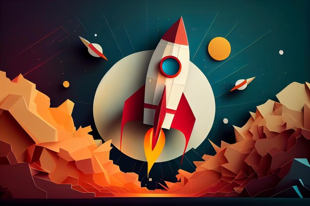 Paper art style of rocket flying in space Generative AI Generative AI