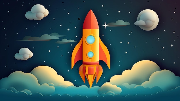 paper art style of rocket flying in space start up concept