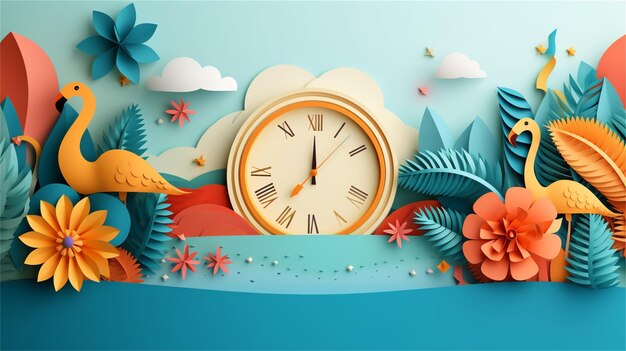 Paper art of summer beach with sun clouds and flowers paper art style vector illustration