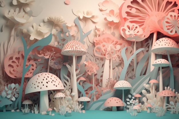 Paper art that is made by paper that says'mushroom '