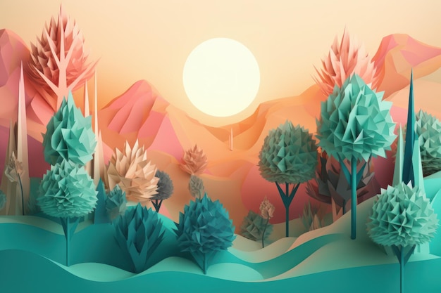 Paper art of trees and mountains with the sun in the background.