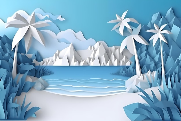 Paper art of a tropical landscape with palm trees and mountains.