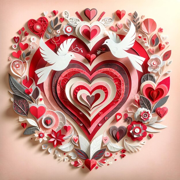 Paper Art Valentines Day Heart with White Doves