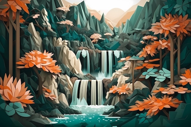 Paper art of a waterfall surrounded by lush foliage