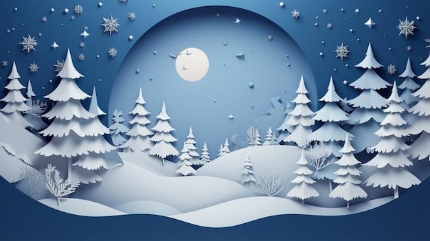 a paper art of a winter scene with snow covered trees and a full moon generative ai