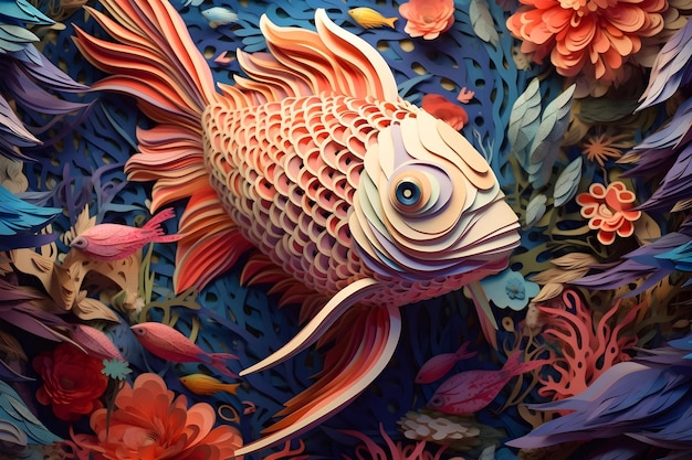 бумажный арт с разноцветными рыбками в аквариуме AI Generative