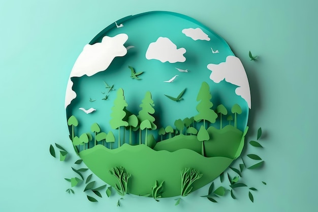 Paper Art World environment and earth day concept Groene planeet milieubescherming Red de planeet Genereer Ai