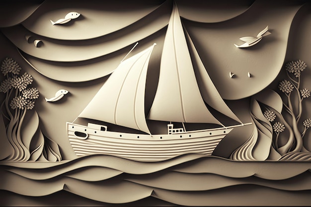 Paper art zeilboot op zee gegenereerd door AI