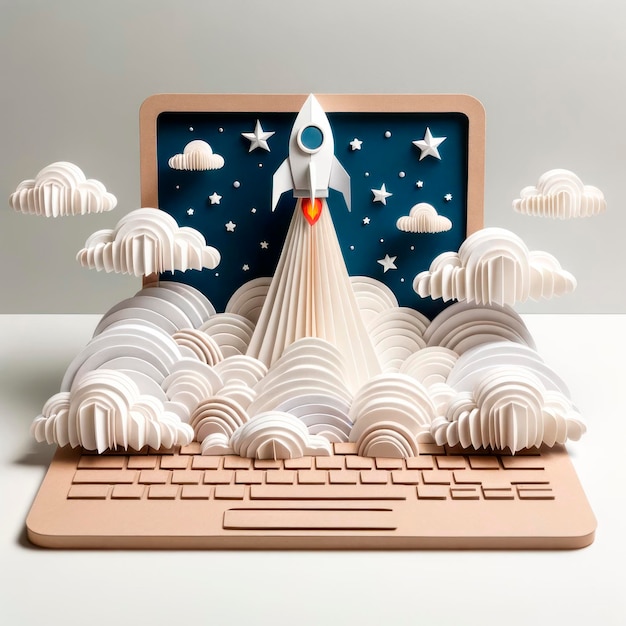 Paper artstyle rocket launch from a laptop modern and creative Generative AI