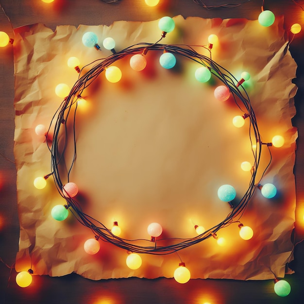 Photo paper background lit with colorful garland ai generation