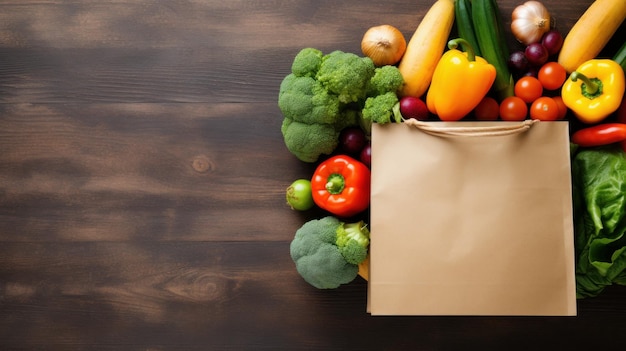 A paper bag filled with vegetables on top of a wooden table