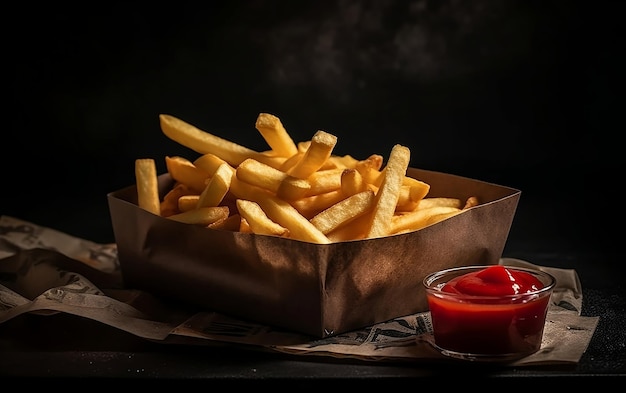 A paper bag of french fries with ketchup on it