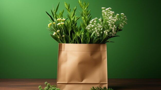 Paper bag of fresh herbs and flowers on dark background