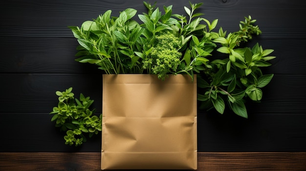 paper bag of fresh herbs and flowers on dark background