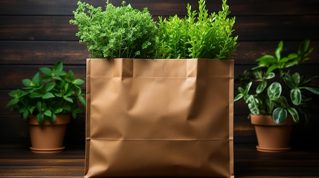 бумажный мешок с свежими травами и цветами на темном фоне