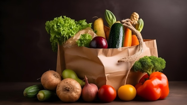 A paper bag full of vegetables and fruits.