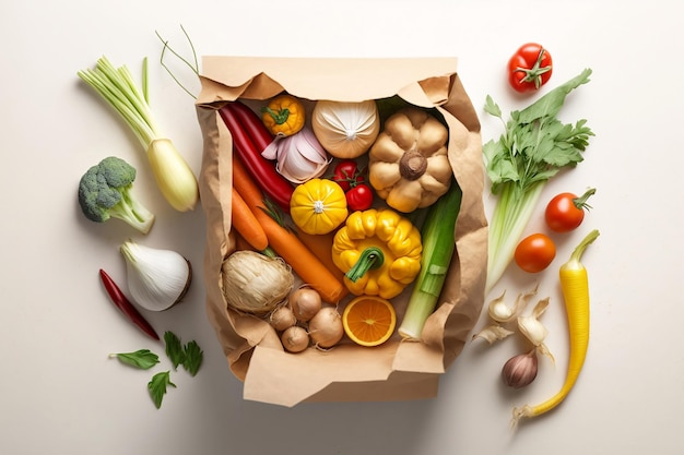 Бумажный пакет, полный овощей, включая различные овощи